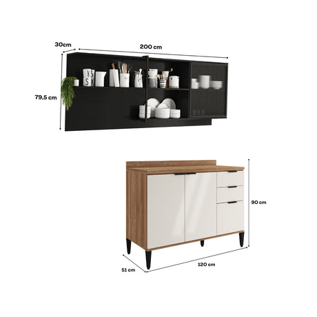 Cocina Integral Beige y Grafito 200x79.5cm Con Mesón Sin Pozuelo y con Cuatro Puertas - Cocinas | Bylmo