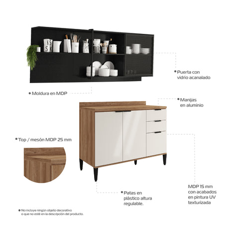 Cocina Integral Beige y Grafito 200x79.5cm Con Mesón Sin Pozuelo y con Cuatro Puertas - Cocinas | Bylmo