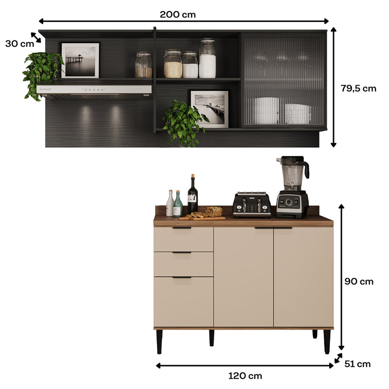 Cocina Integral Beige Y Grafito 200x79.5cm Con Mesón Sin Pozuelo Y Con Cuatro Puertas