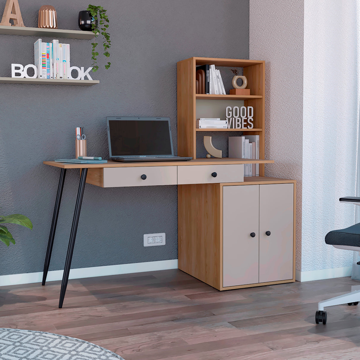 Escritorio Alfari Fresno Europeo Capri 135x133.6cm con Organizador de Libros y Archivador - Escritorios | Bylmo