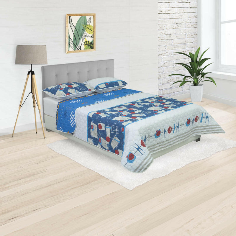 Cubrelecho Doble Faz Convex Blanco Y Azul Para Cama Doble 140 X 190 Cm De Símbolos Espaciales