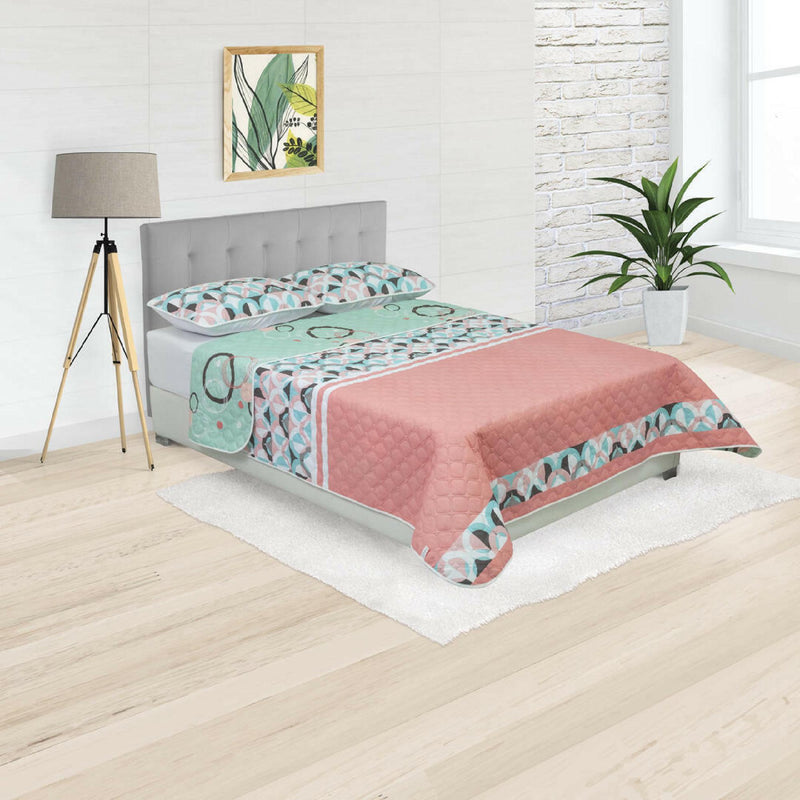 Cubrelecho Doble Faz Convex Verde Y Rosado Para Cama King 200 X 200 Cm De Círculos