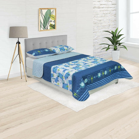 Cubrelecho Doble Faz Convex Azul y Blanco Para Cama King 200 X 200 Cm de Símbolos Espaciales - Tendidos y Cubrelechos | Bylmo