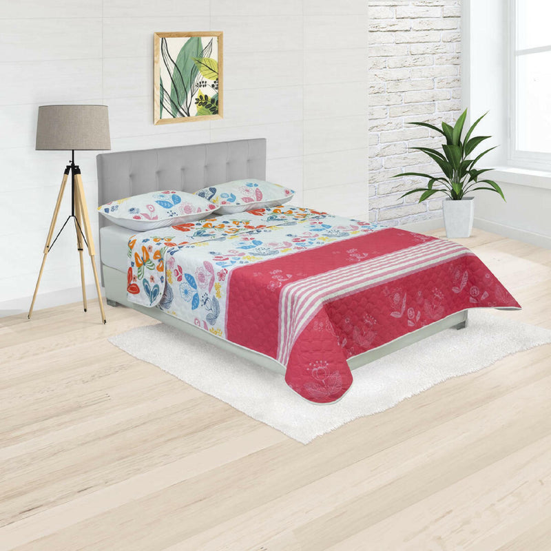 Cubrelecho Doble Faz Convex Blanco Y Rosado Para Cama King 200 X 200 Cm De Flores