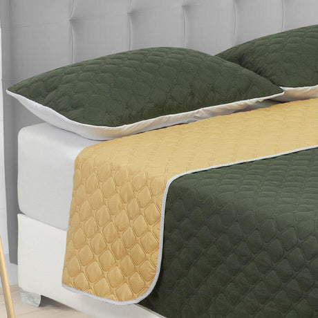 Cubrelecho Doble Faz Convex Verde Militar y Amarillo Para Cama Queen 160 X 190 Cm Fondo Entero - Tendidos y Cubrelechos | Bylmo
