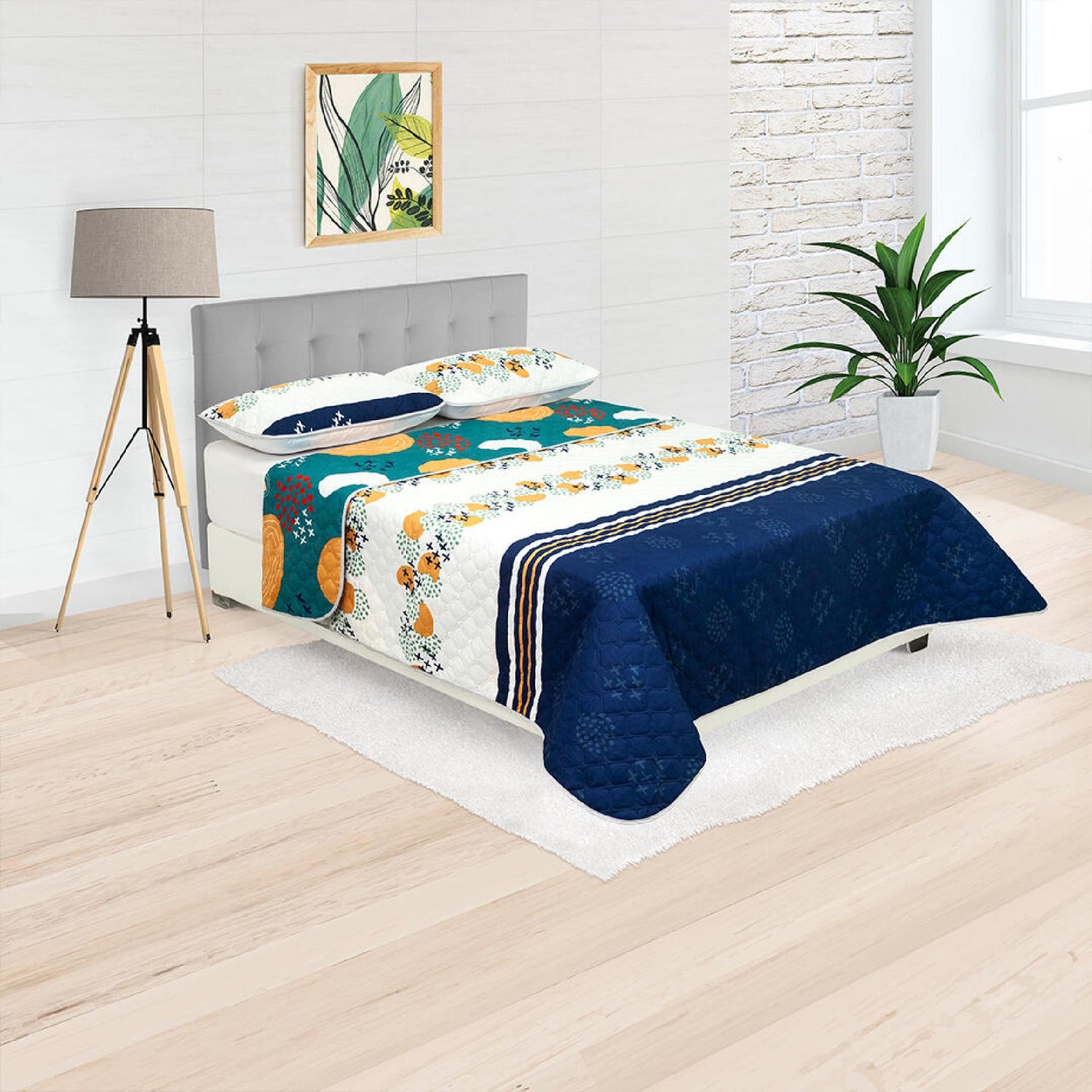 Cubrelecho Doble Faz Style Verde Militar y Blanco Para Cama Doble