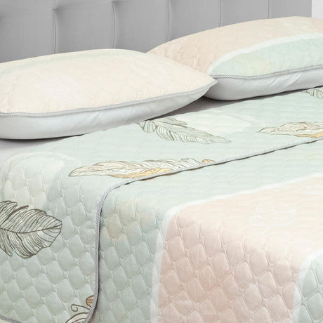 Cubrelecho Doble Faz Style Verde Menta Para Cama Doble 140 X 190 Cm de Hojas - Tendidos y Cubrelechos | Bylmo
