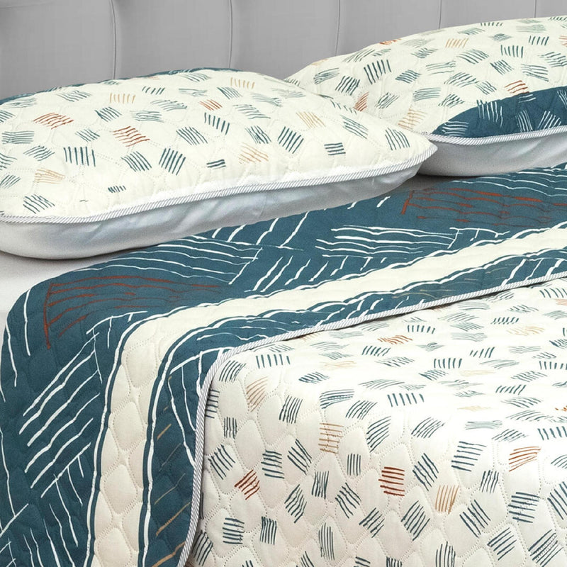 Cubrelecho Doble Faz Style Azul Y Blanco Crema Para Cama Queen 160 X 190 Cm De Líneas Entrelazadas