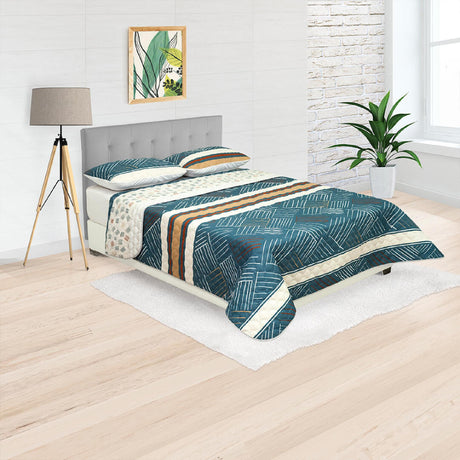 Cubrelecho Doble Faz Style Azul y Blanco Crema Para Cama Queen 160 X 190 Cm de Líneas Entrelazadas - Tendidos y Cubrelechos | Bylmo