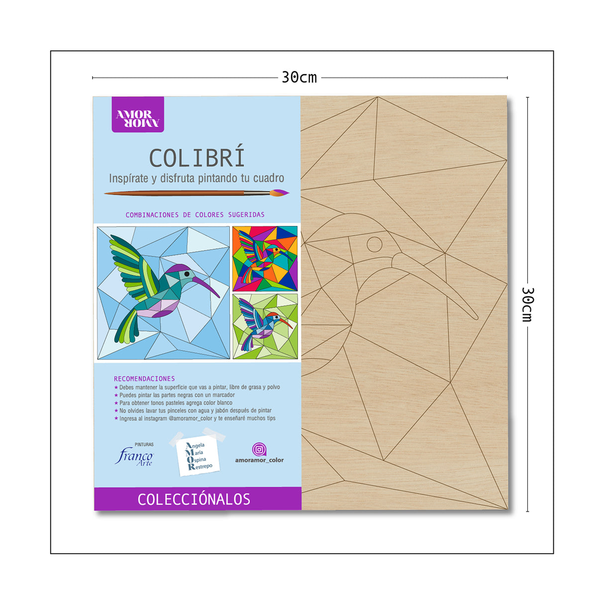 Kit Cuadro para Pintar Colibrí en MDF 30x30cm con Acrílicos y Pincel - Cuadros | Bylmo