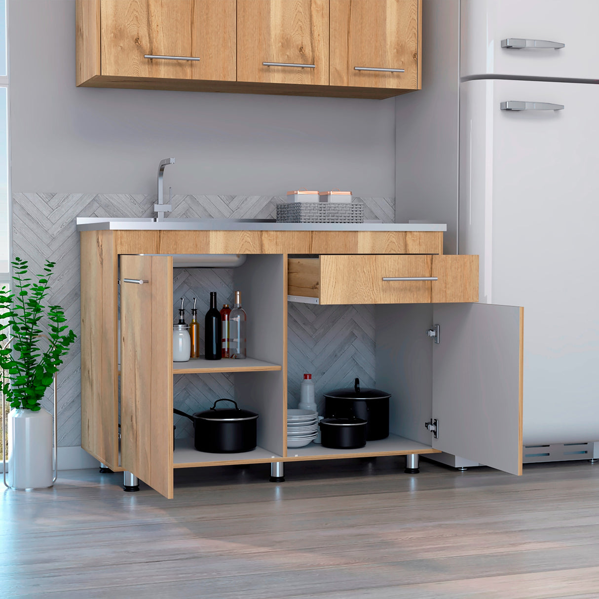 Mueble Inferior de Cocina Orion Duna y Blanco 120x90.5cm Con Mesón de Acero Izquierdo - Muebles Inferiores | Bylmo