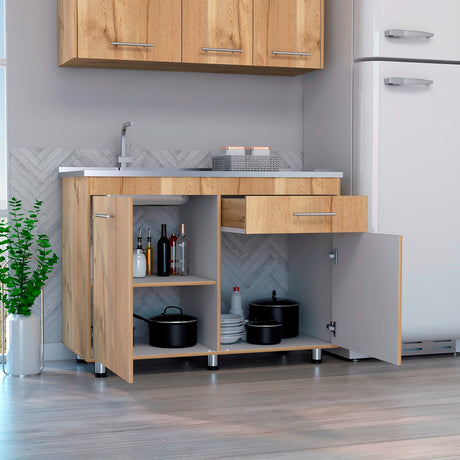 Mueble Inferior de Cocina Orion Duna y Blanco 120x90.5cm Con Mesón de Acero Izquierdo - Muebles Inferiores | Bylmo