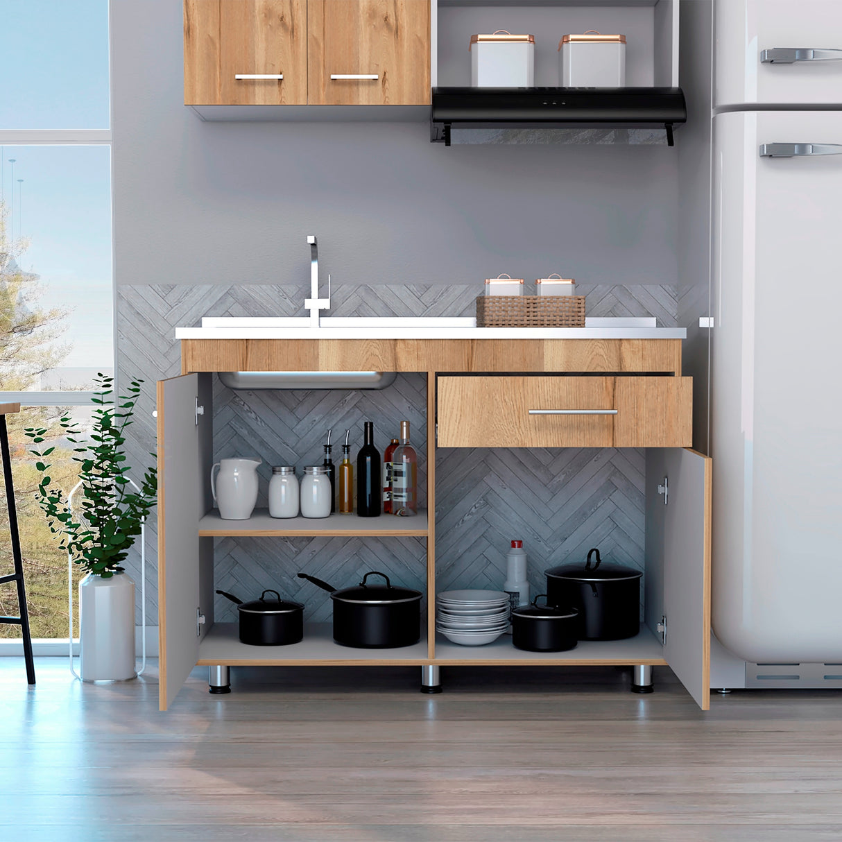 Mueble Inferior de Cocina Orion Duna y Blanco 120x90.5cm Con Mesón de Acero Izquierdo - Muebles Inferiores | Bylmo