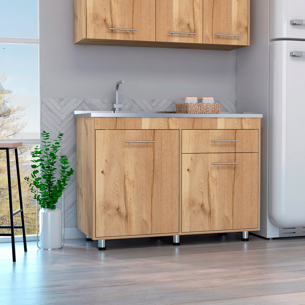 Mueble Inferior de Cocina Orion Duna y Blanco 120x90.5cm Con Mesón de Acero Izquierdo - Muebles Inferiores | Bylmo