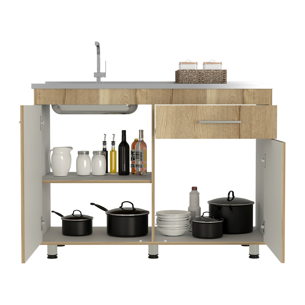 Mueble Inferior de Cocina Orion Duna y Blanco 120x90.5cm Con Mesón de Acero Izquierdo - Muebles Inferiores | Bylmo