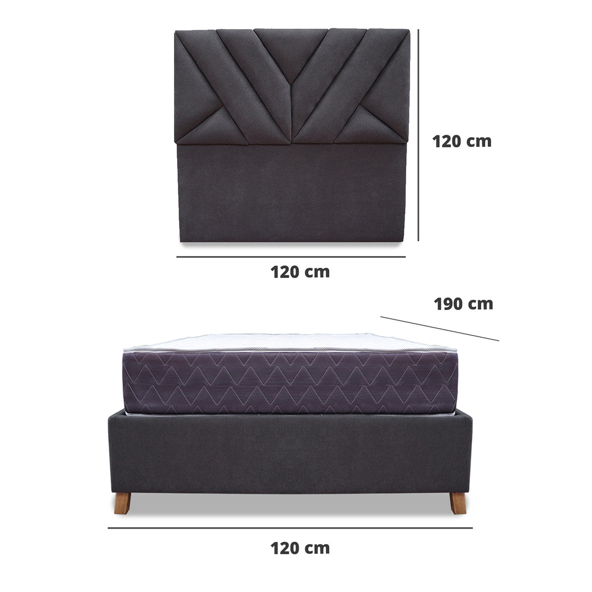 Combo Base Cama y Colchón Coleccion 1 Gris Oscuro y Cenizo Blanco Semidoble 120 X 190 Cm Con Cabecero - Camas | Bylmo