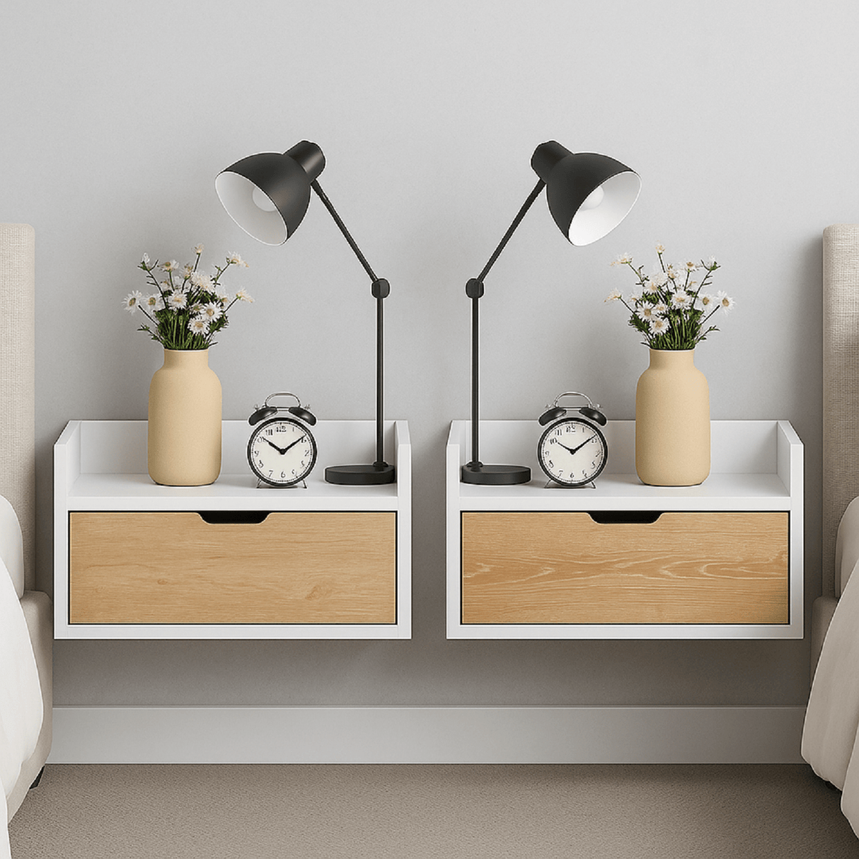 Mesa de Noche x 2 Toulus Blanco y Vienes 50x35cm Flotante - Mesas de Noche | Bylmo