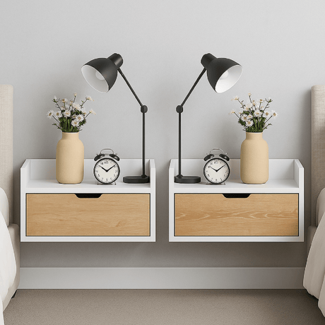 Mesa de Noche x 2 Toulus Blanco y Vienes 50x35cm Flotante - Mesas de Noche | Bylmo