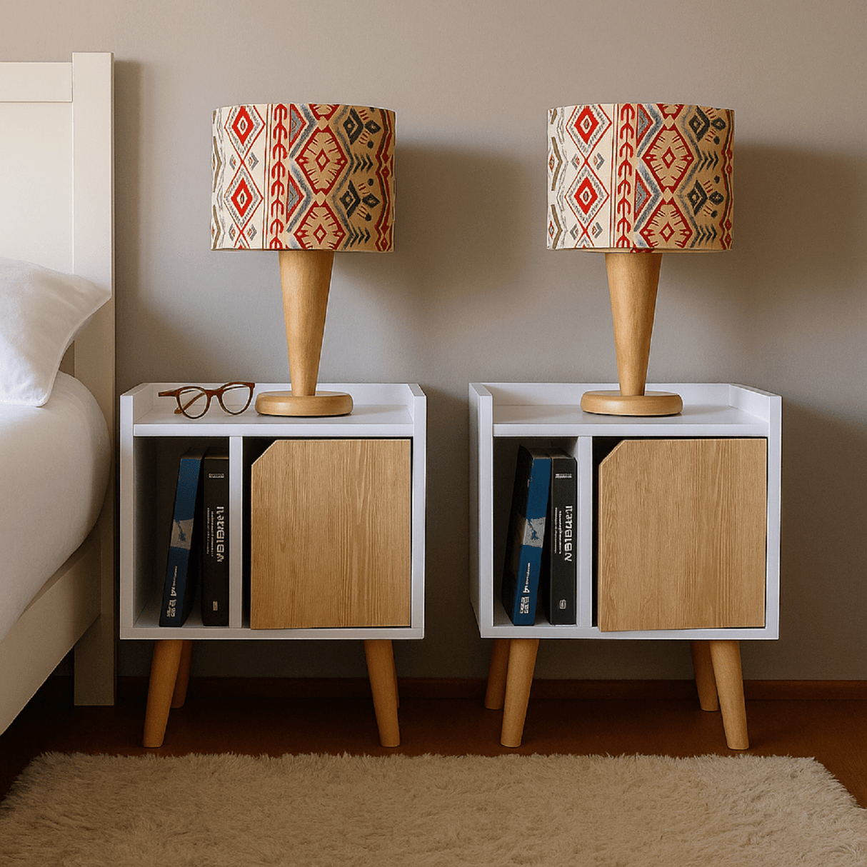 Mesa de Noche x 2 Dreams Blanco y Vienes 45x50cm Con Patas - Mesas de Noche | Bylmo