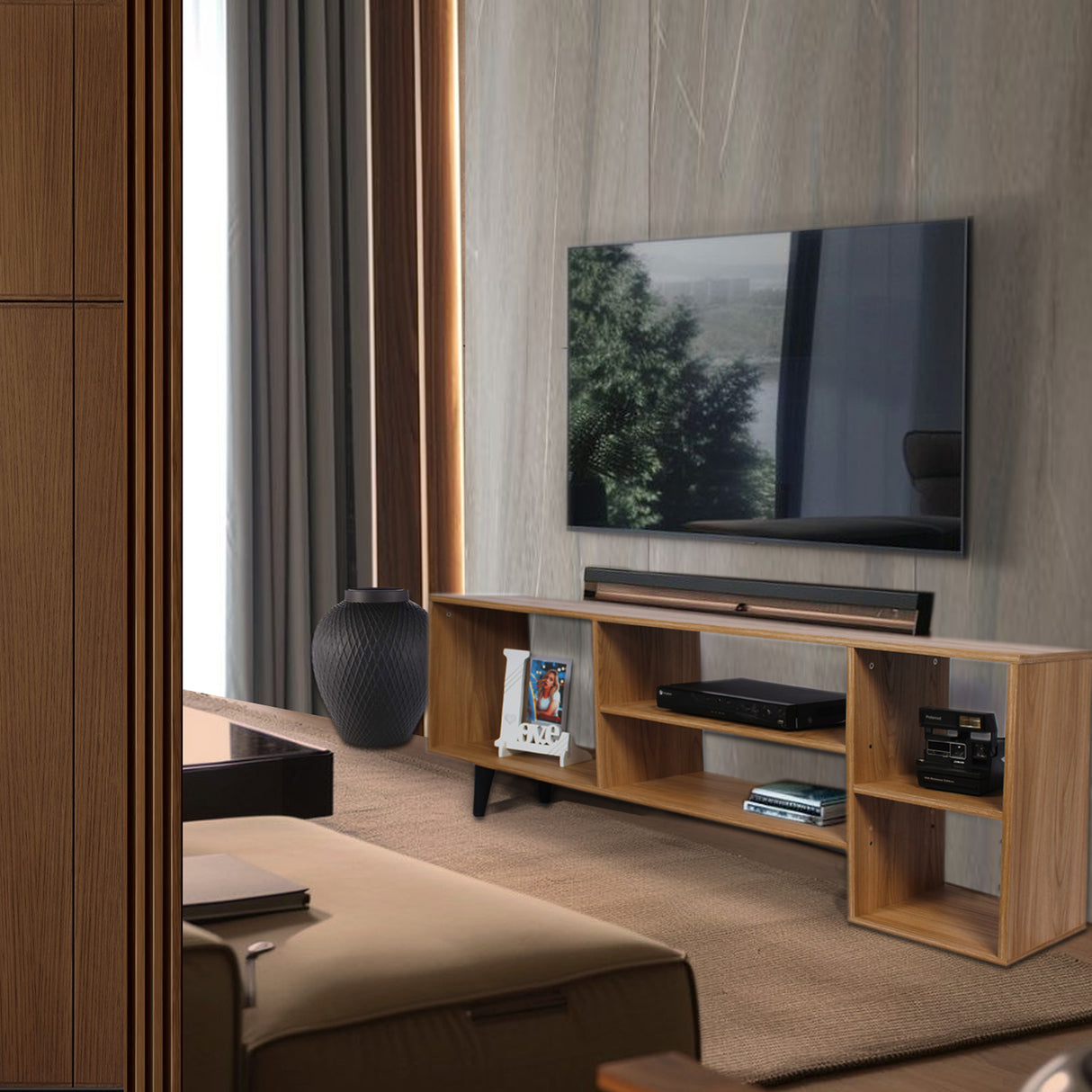 Mesa para TV Madrid Madera Clara Natural 150x55cm Para TV Hasta 65 Pulgadas - Muebles de TV | Bylmo