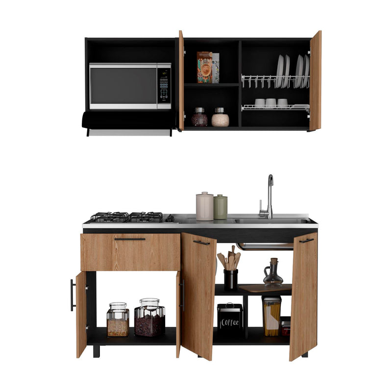 Cocina Emilia Wengue Y Miel 150x60cm Con Mesón Pozuelo Derecho Y Con Estufa