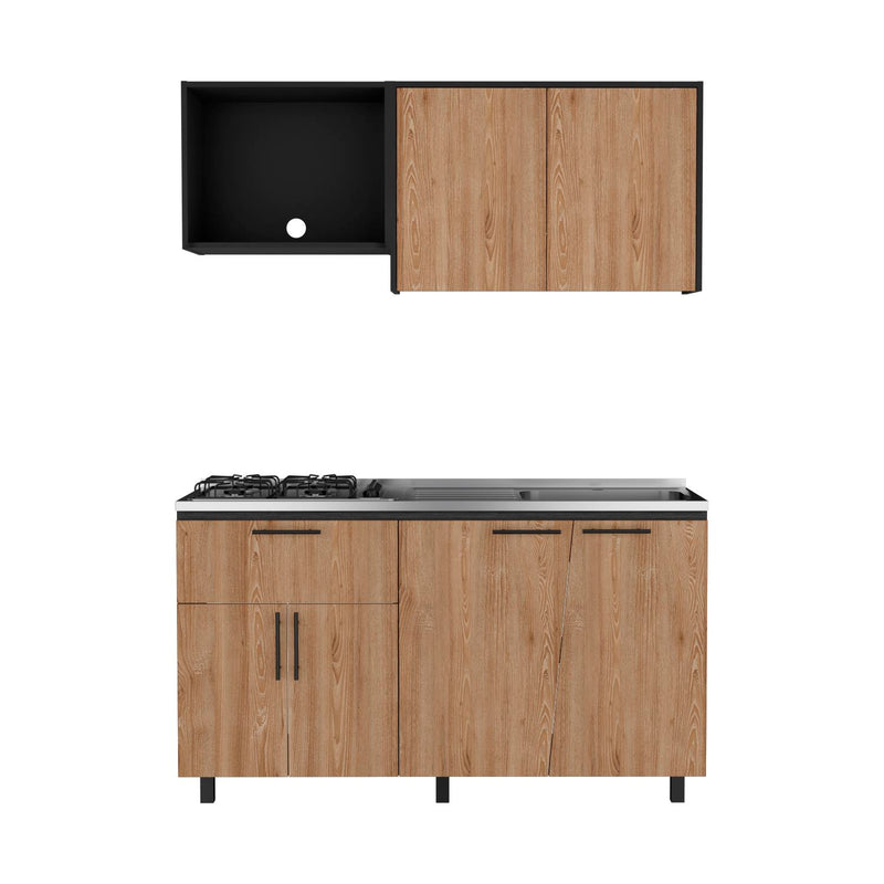 Cocina Emilia Wengue Y Miel 150x60cm Con Mesón Pozuelo Derecho Y Con Estufa