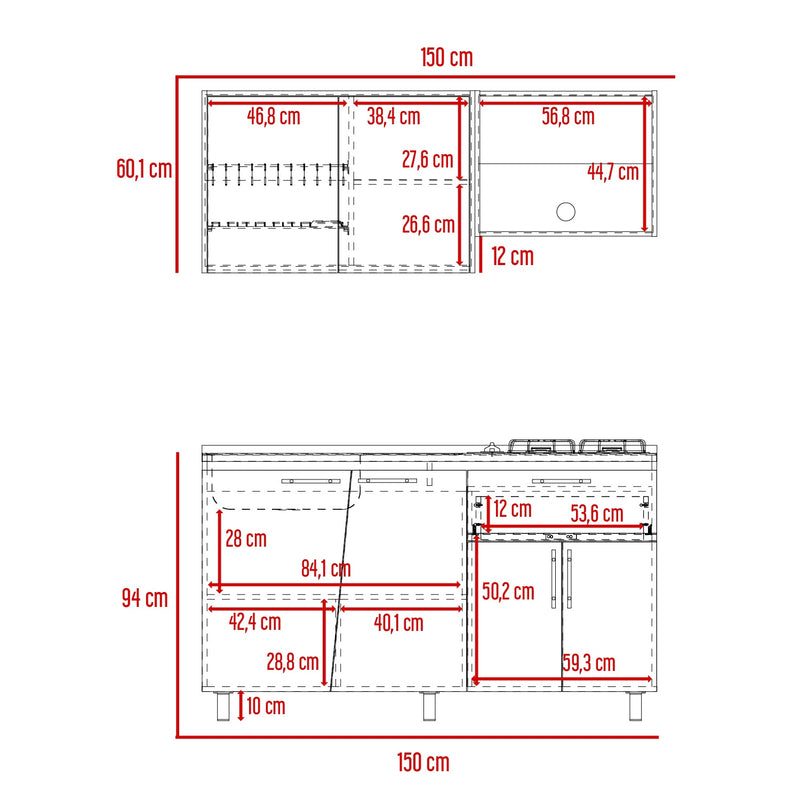 Cocina Emilia Wengue Y Miel 150x60cm Con Mesón Pozuelo Izquierdo Y Con Estufa