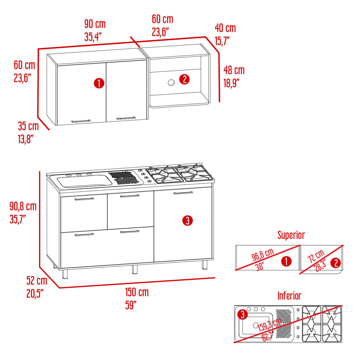 Cocina Pacific Fresno Europeo y Blanco 150x60cm Con Mesón Pozuelo Izquierdo y Con Estufa - Cocinas | Bylmo