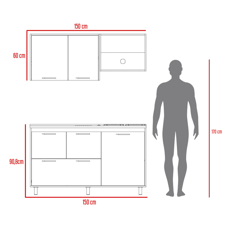 Cocina Pacific Fresno Europeo Y Blanco 150x60cm Con Mesón Pozuelo Izquierdo Y Con Estufa