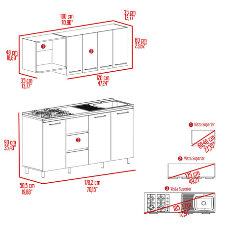 Cocina Erie Bardolino y Blanco 180x60cm Con Mesón Pozuelo Derecho y Con Estufa - Cocinas | Bylmo