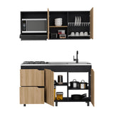 Cocina Maui Wengue y Fresno Europeo 150x60cm Con Mesón Pozuelo Derecho y Con Estufa - Cocinas | Bylmo