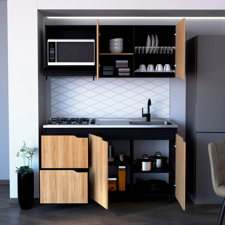 Cocina Maui Wengue y Fresno Europeo 150x60cm Con Mesón Pozuelo Derecho y Con Estufa - Cocinas | Bylmo