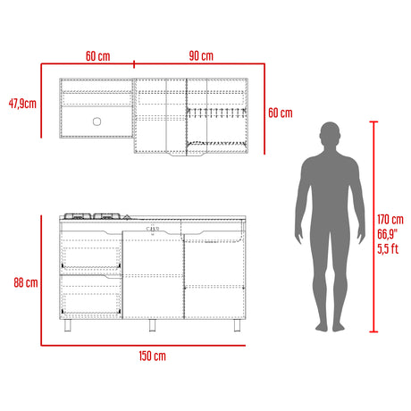 Cocina Maui Wengue y Fresno Europeo 150x60cm Con Mesón Pozuelo Derecho y Con Estufa - Cocinas | Bylmo