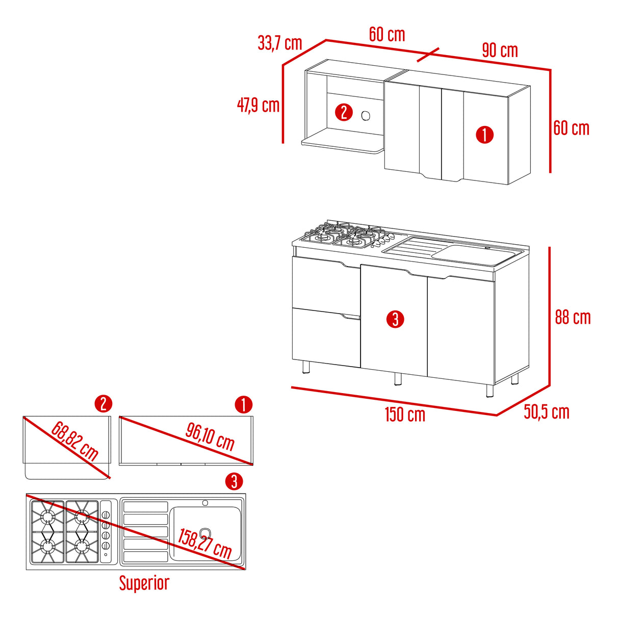 Cocina Maui Wengue y Fresno Europeo 150x60cm Con Mesón Pozuelo Derecho y Con Estufa - Cocinas | Bylmo