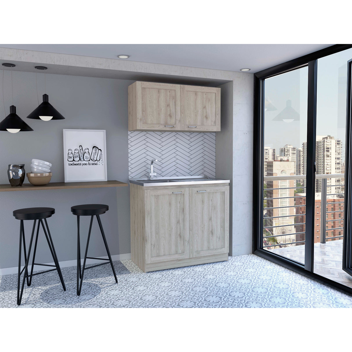 Cocina Zurich Ceniza 100x40cm Con Mesón Pozuelo Izquierdo y Sin Estufa - Cocinas | Bylmo