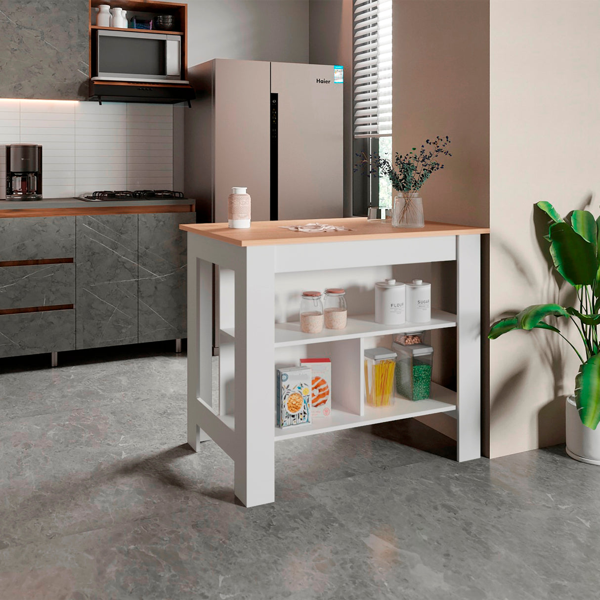 Isla de Cocina Cala Rovere y Blanco 103x90cm Con Tres Entrepaños y Patas