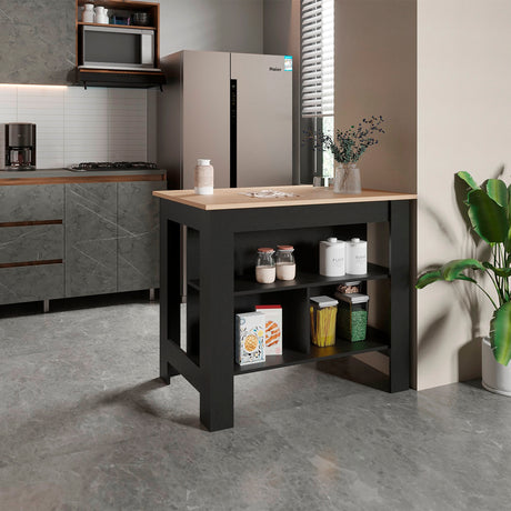 Isla de Cocina Cala Rovere y Wengue 103x90cm Con Tres Entrepaños y Patas - Barras y Muebles Auxiliares | Bylmo