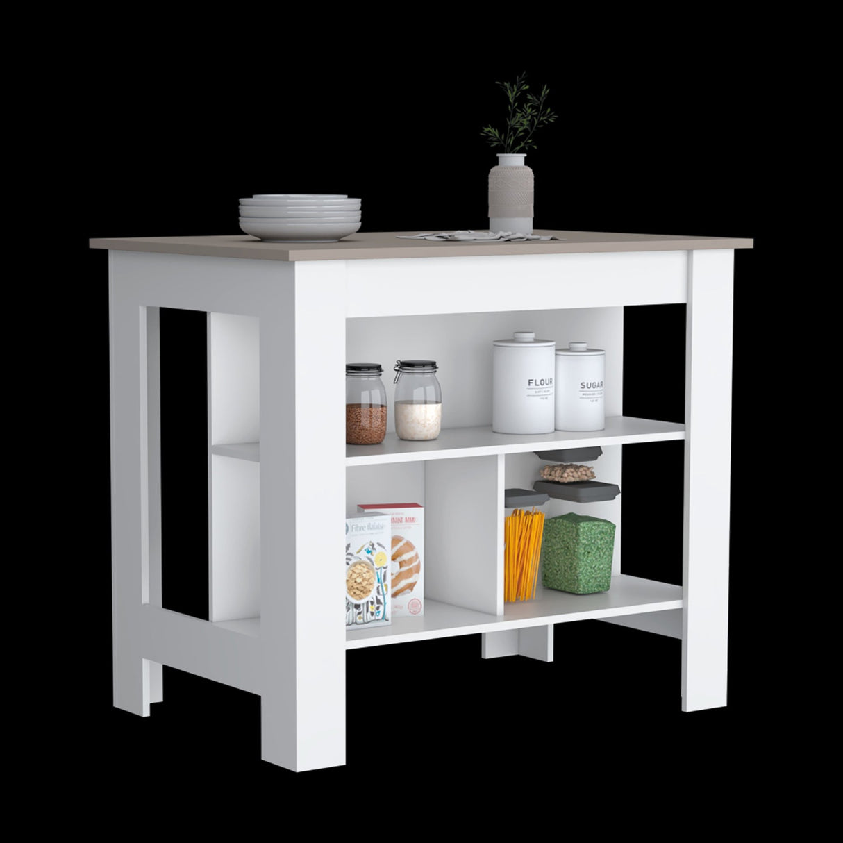 Isla de Cocina Cala Taupe y Blanco 103x90cm Con Tres Entrepaños y Patas - Barras y Muebles Auxiliares | Bylmo