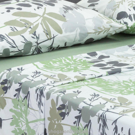 Juego de Sabanas Marsella Microfibra Estampado Floral Verde y Gris - SABANAS | Bylmo