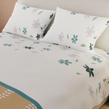 Juego de Sabanas Basic Flores Blanco y Camel 180 hilos - Sabanas | Bylmo