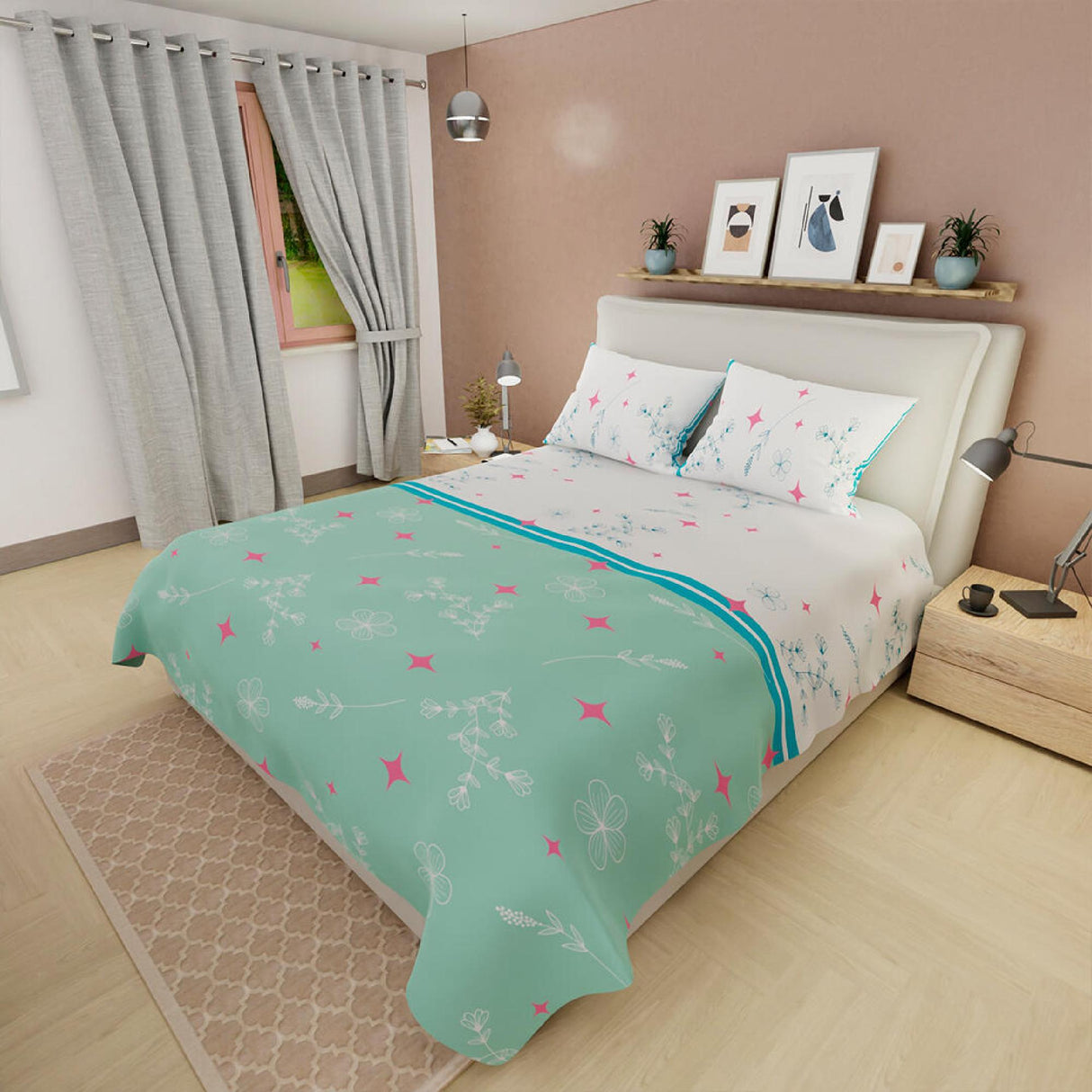 Juego de Sabanas Basic Estrellas y Flores Blanco y Verde Aguamarina - Sabanas | Bylmo