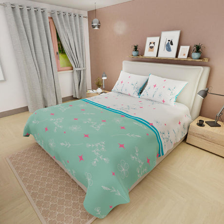 Juego de Sabanas Basic Estrellas y Flores Blanco y Verde Aguamarina - Sabanas | Bylmo