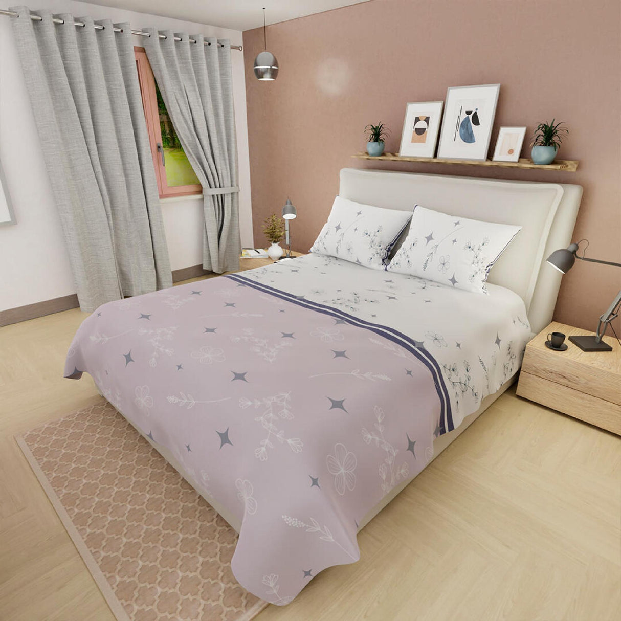 Juego de Sabanas Basic Estrellas y Ramas Blanco y Lila - Sabanas | Bylmo