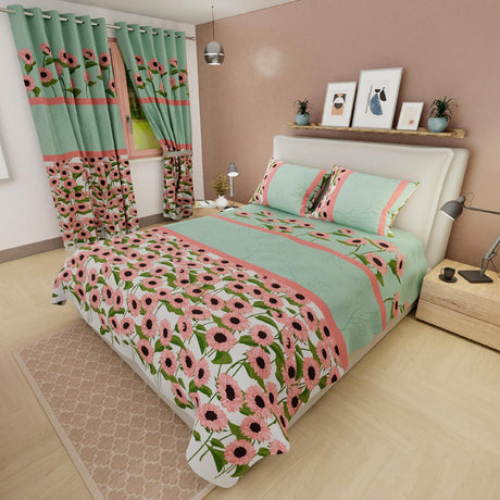 Juego de Sabanas Basic Verde Rosado Girasoles. Moderno y Suave. 4 Piezas. 120x190cm. - Sabanas | Bylmo