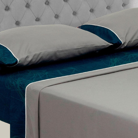 Juego de Sabanas Barcelona Artístico Microfibra 4 Piezas Azul Oscuro y Gris - Sabanas | Bylmo