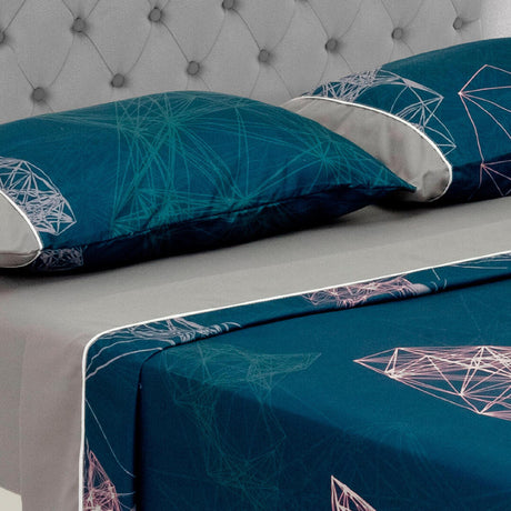 Juego de Sabanas Barcelona Cosmopolita Doble 140x190cm GrisAzul Microfibra Suavizada - Sabanas | Bylmo
