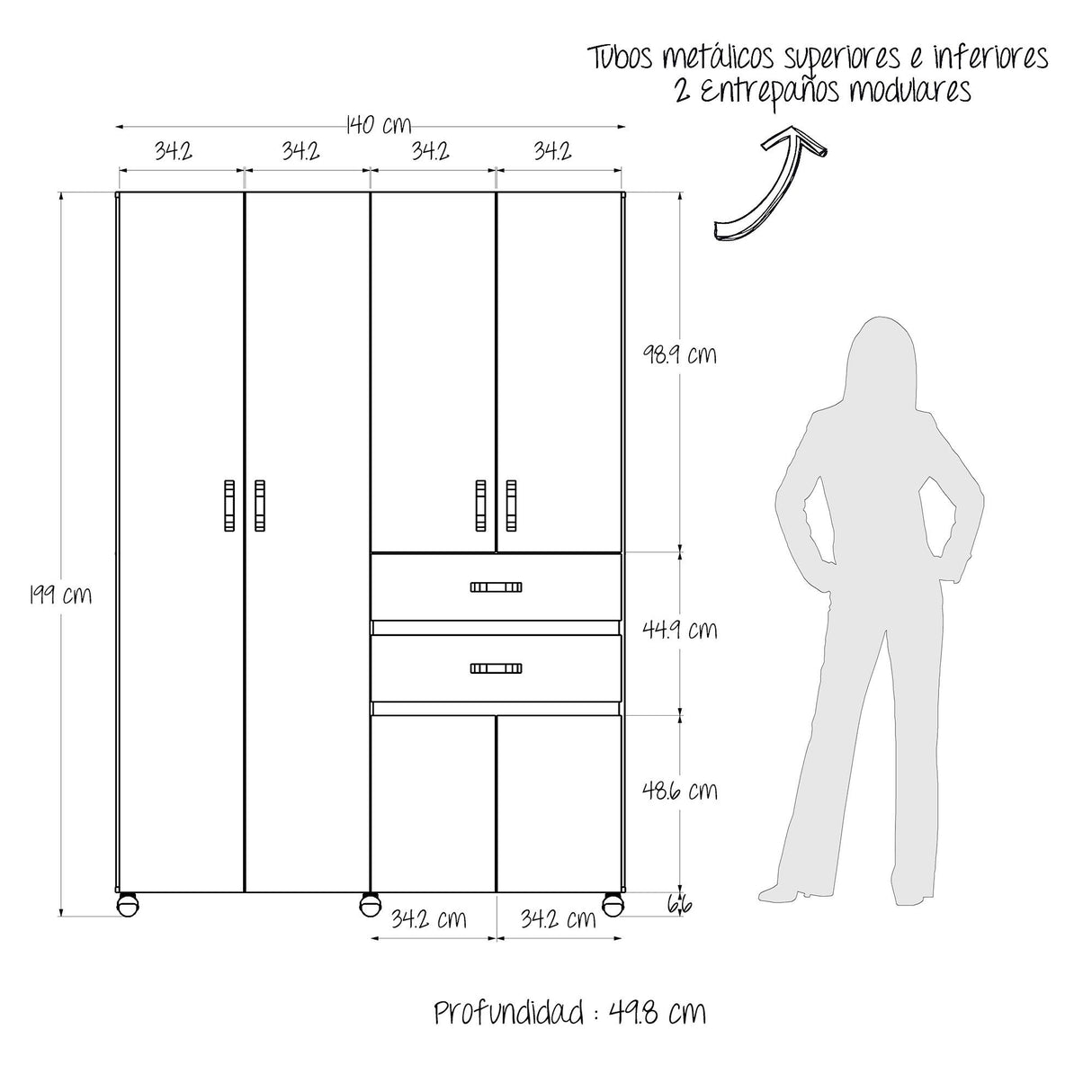 Closet Nova Caramelo 140x199cm Con Dos Cajones - Closets | Bylmo