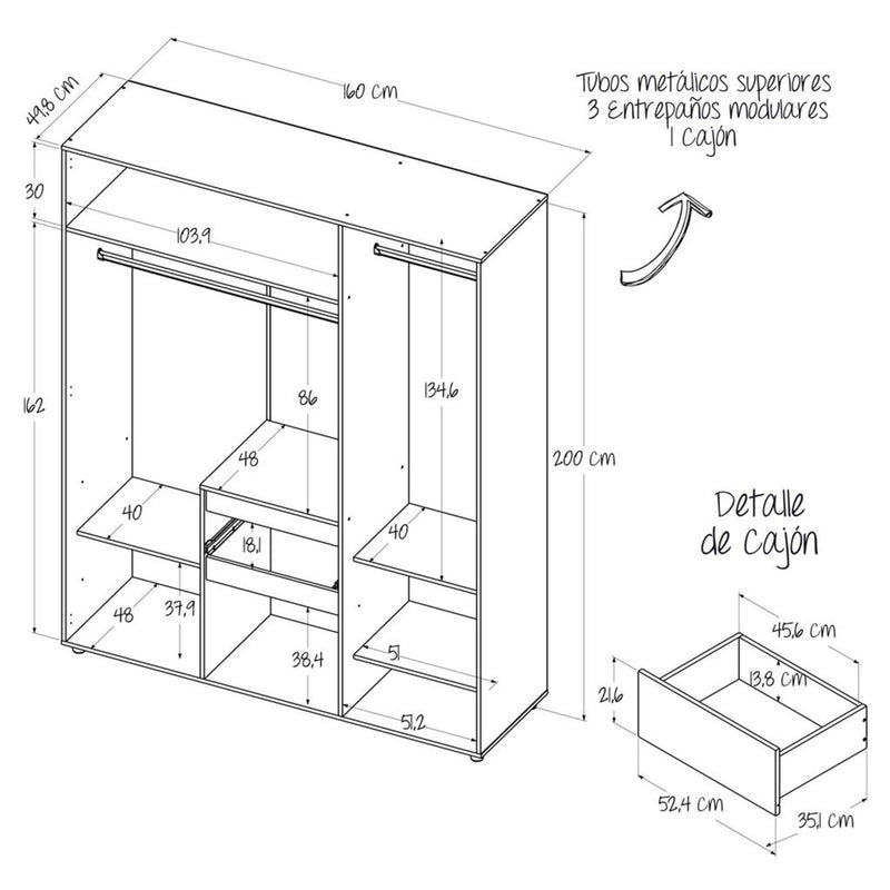 Closet Mary Gales Y Wengue 160x200cm Con Dos Cajones