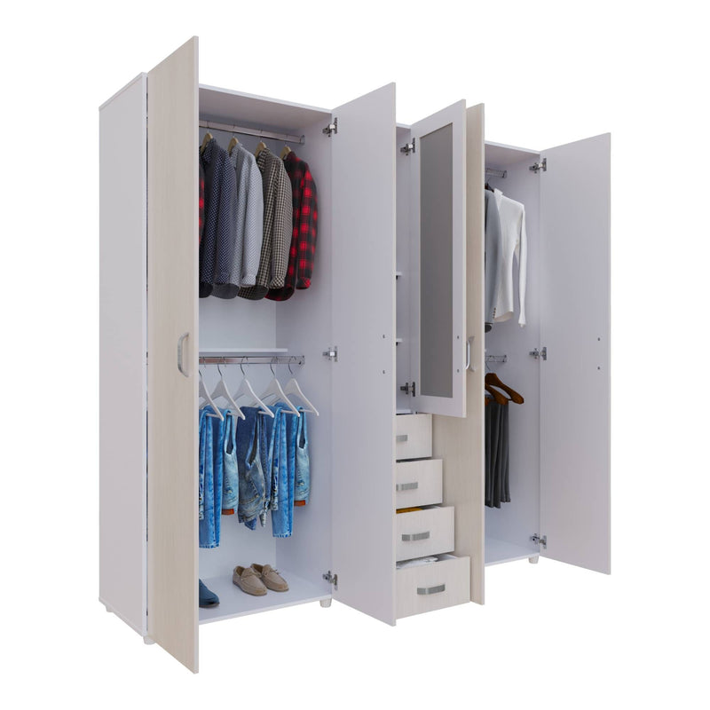 Closet Atenas Niebla Y Blanco 200x200cm Con Cuatro Cajones Y Con Espejo