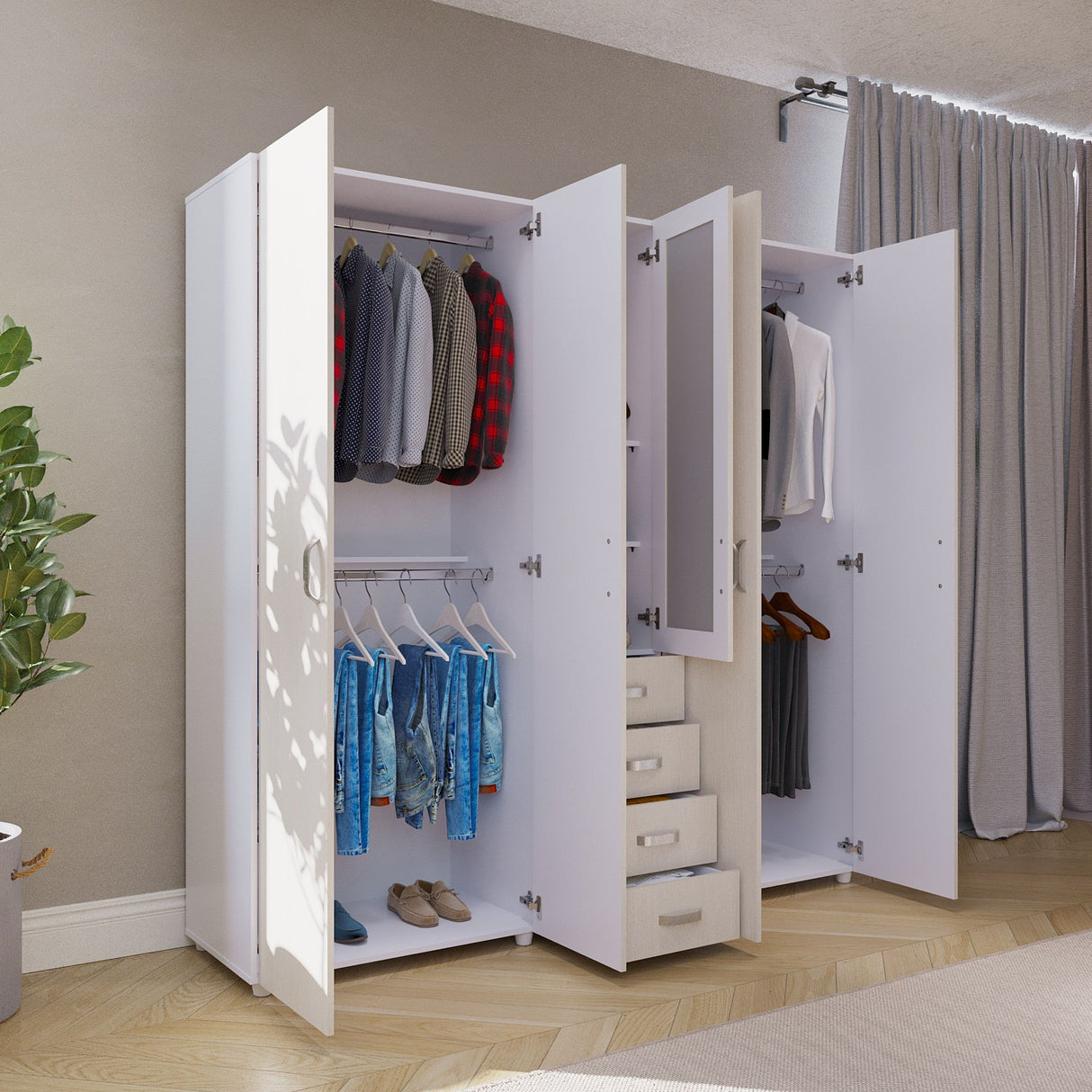 Closet Atenas Niebla y Blanco 200x200cm Con Cuatro Cajones y Con Espejo - Closets | Bylmo